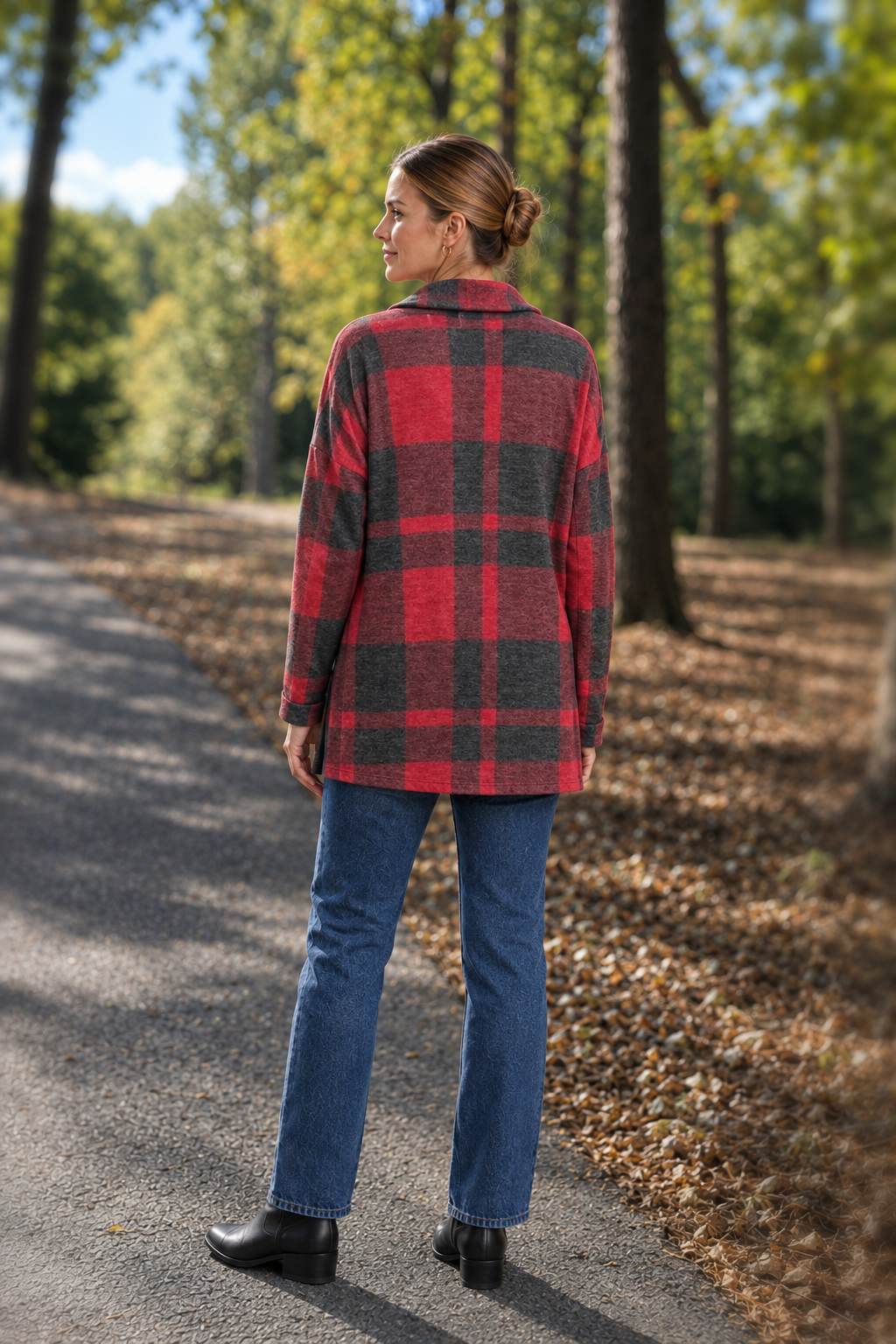2866 Red Charcoal Plaid Brushed Hacci Shacket — back