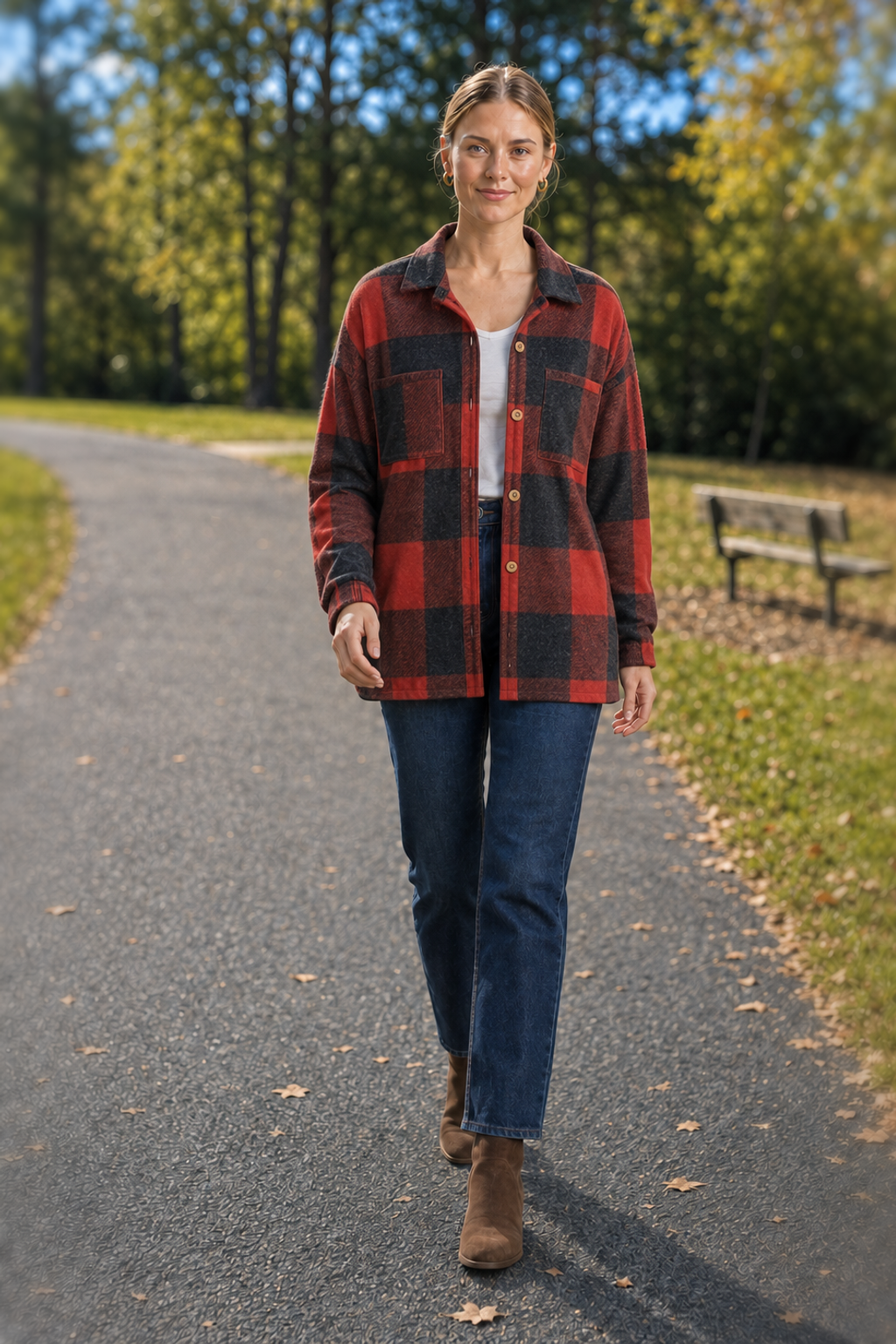 2866 Orange Red Black Plaid Brushed Hacci Shacket — front