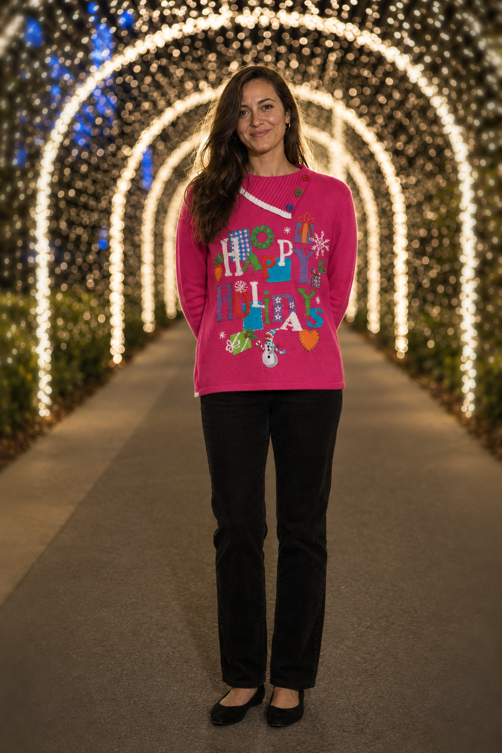 1004 Hot Pink Happy Holidays Button Collar Sweater front