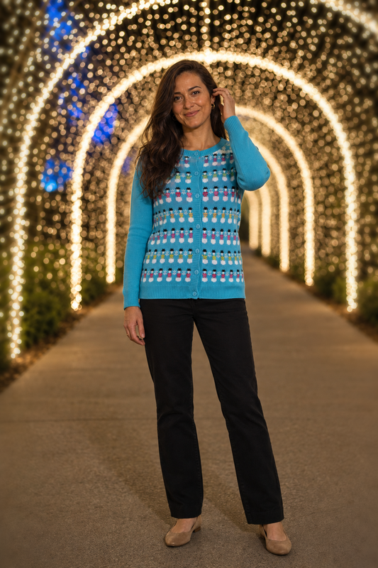 1003 Turquoise Snowman Button Cardigan - front
