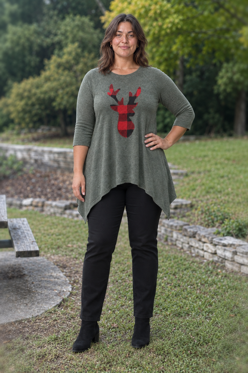 5606 Sage Buffalo Plaid Reindeer Top Plus — front