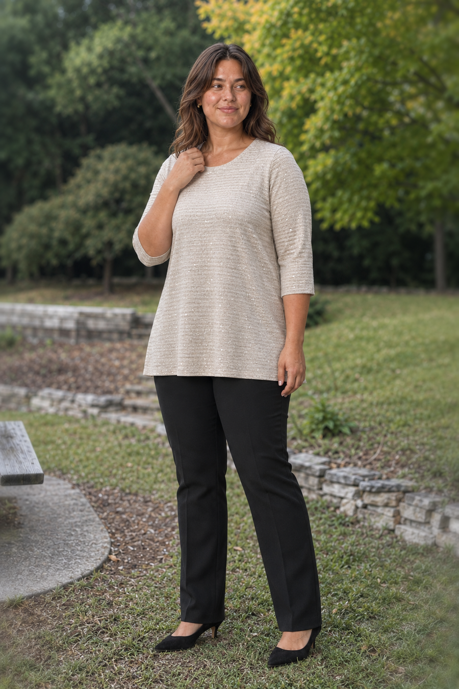 2917 Champagne Metallic Shimmer Knit Top Plus — front