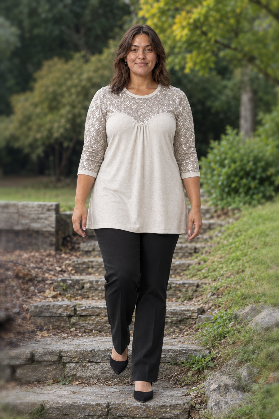 5683 Oatmeal Sequin Yoke Scoop Neck Top Plus — front