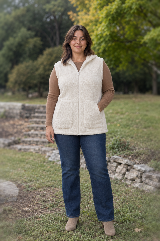 FJ-28-65 Polar White Hooded Sherpa Zip Vest Plus — front