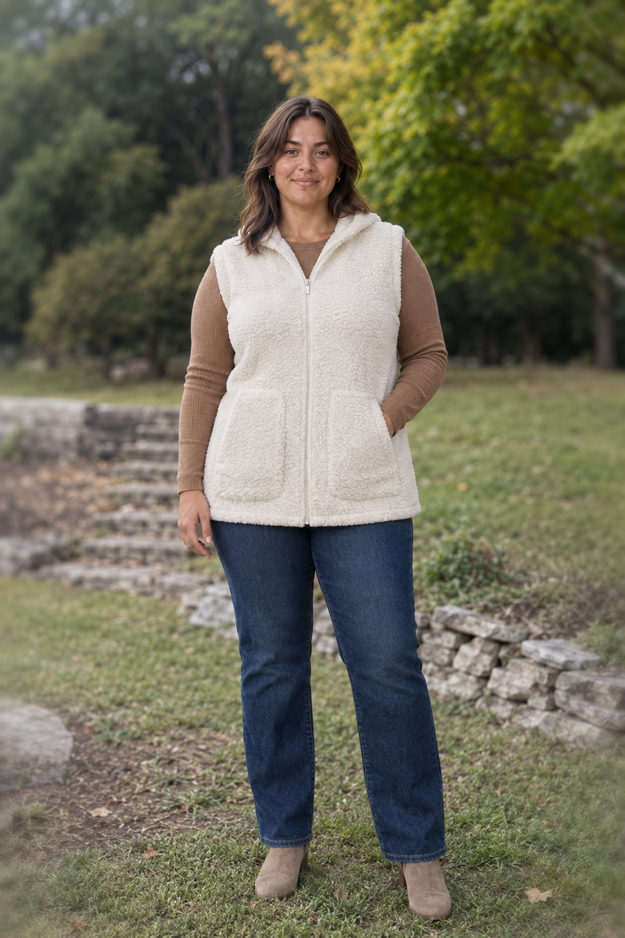 FJ-28-65 Polar White Hooded Sherpa Zip Vest Plus — front