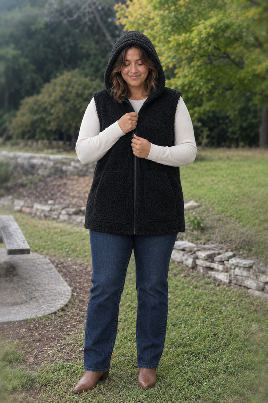FJ-28-65 Black Sherpa Zip-Up Vest Plus — front