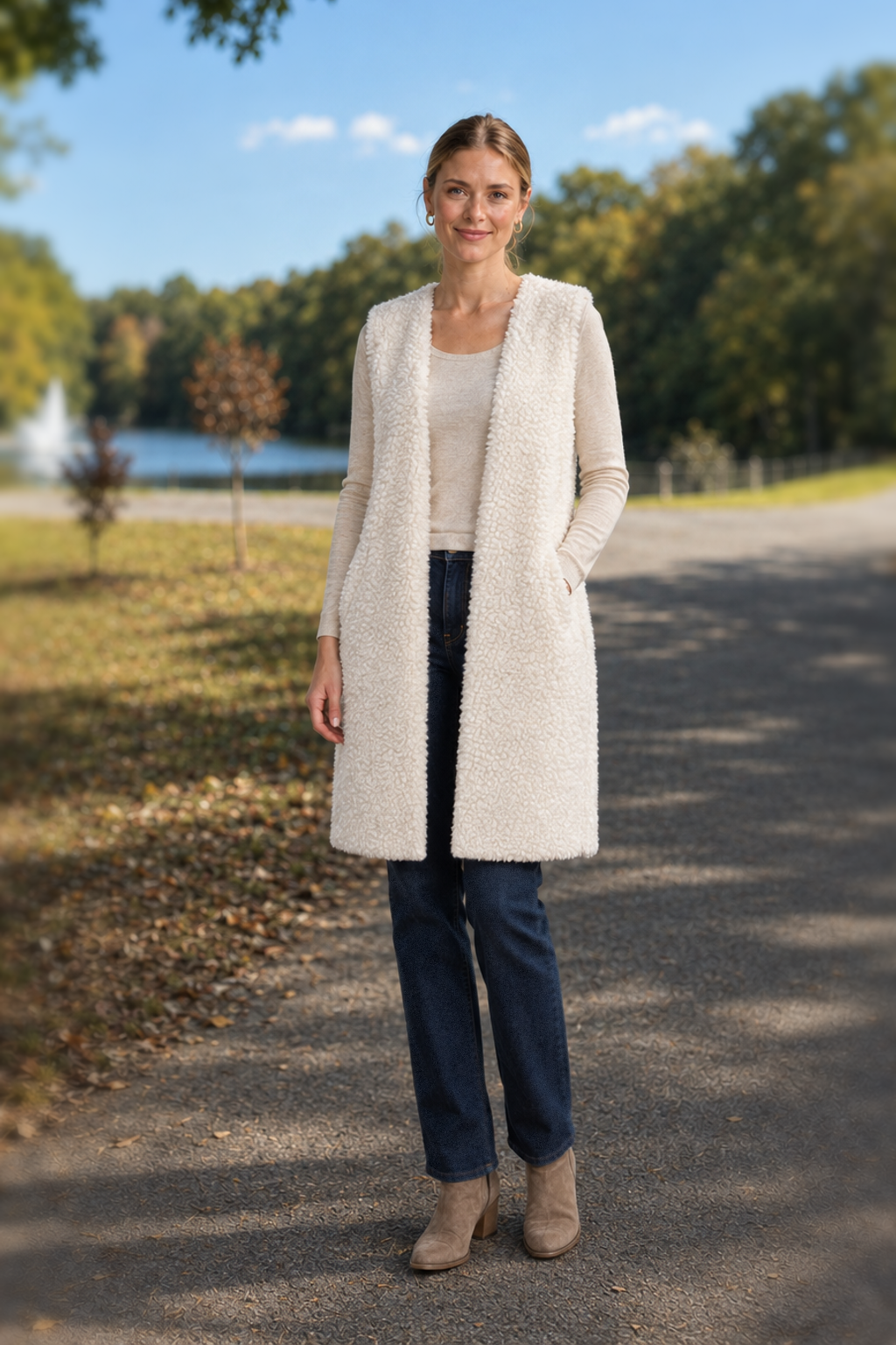 10421 Ivory Long Lined Sherpa Vest — front