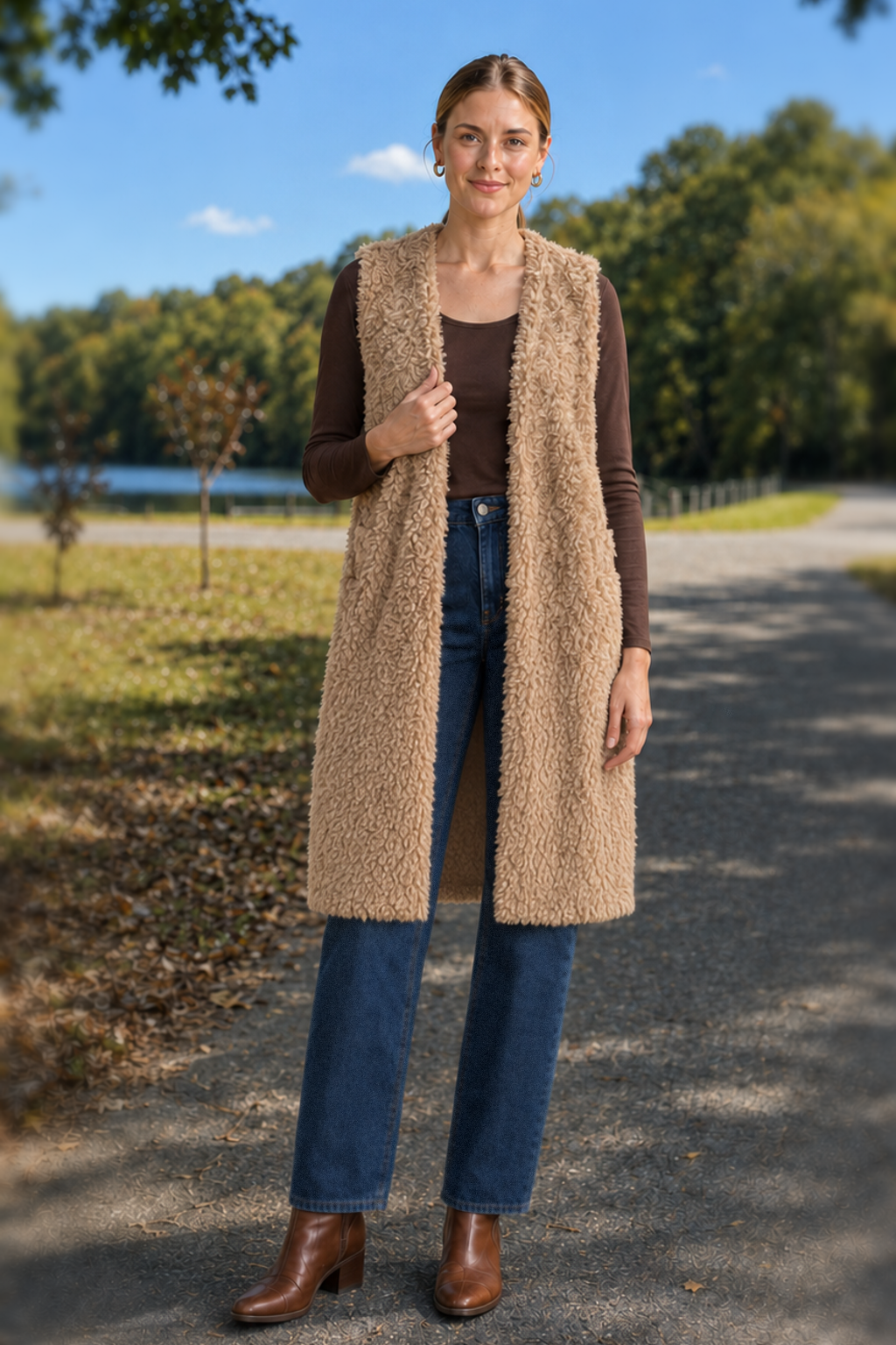 10421 Camel Long Lined Sherpa Vest — front