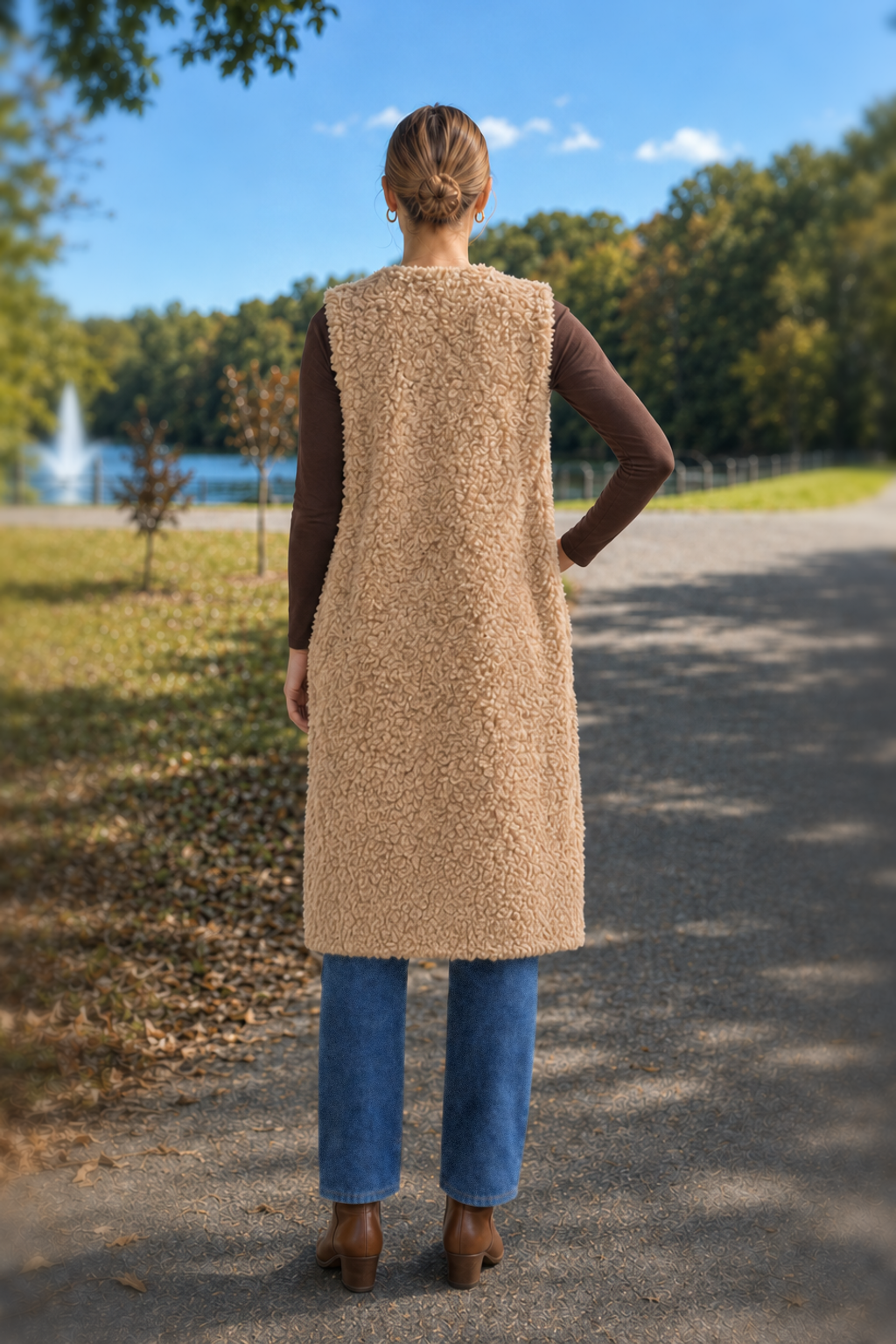 10421 Camel Long Lined Sherpa Vest — back