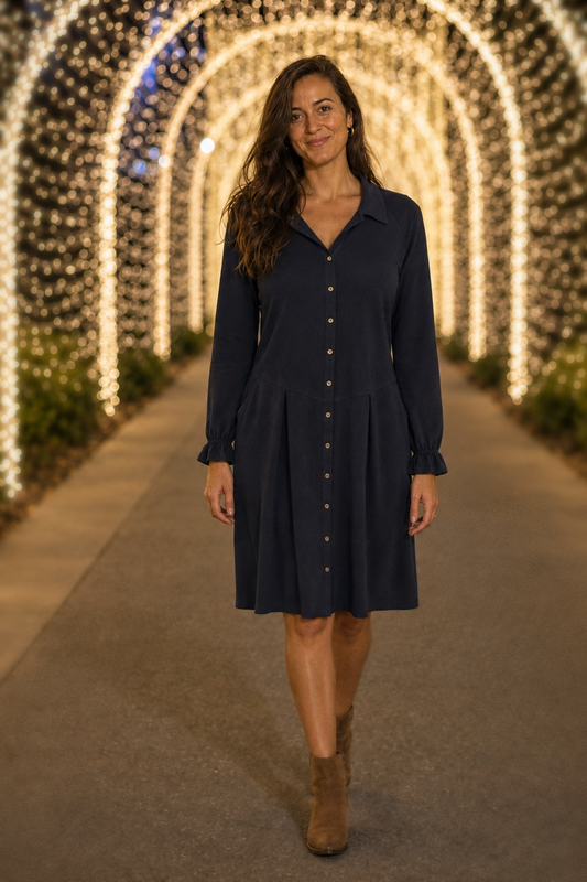 1685 Navy Pleated Button-Down Shirt Dress — front