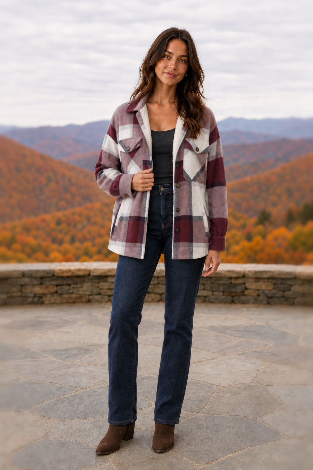 2222 Burgundy & White Plaid Sherpa-Lined Shacket — front
