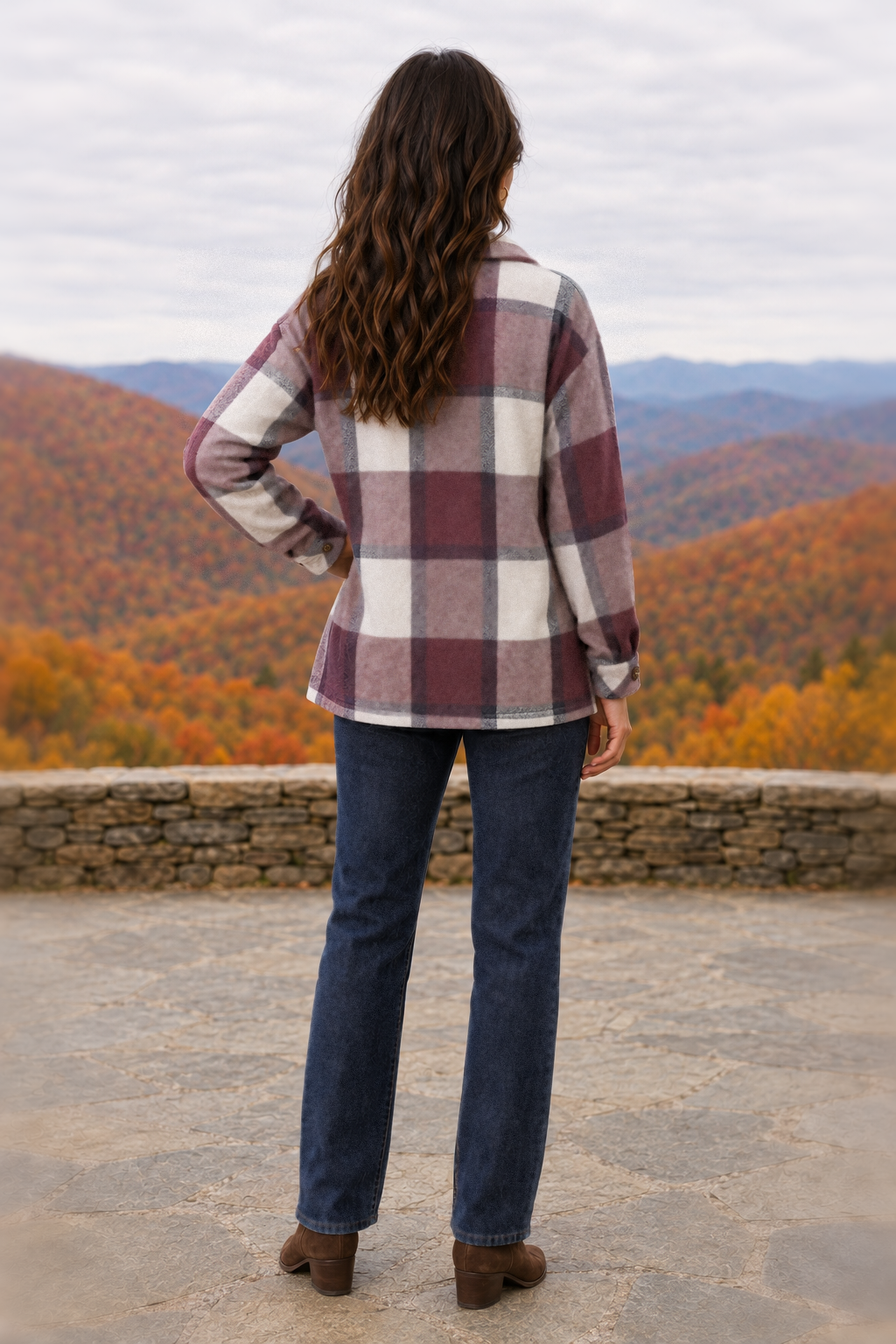 2222 Burgundy & White Plaid Sherpa-Lined Shacket — back