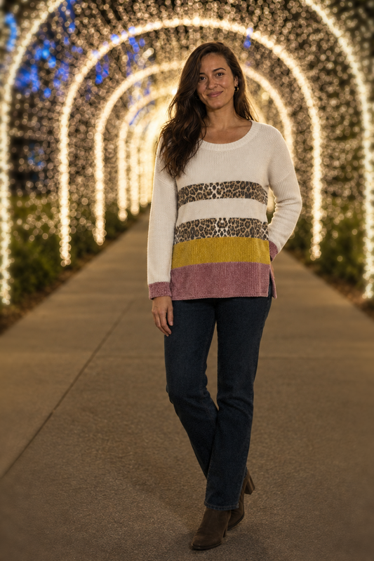 1242 Ivory Leopard Colorblock Chenille Sweater — front