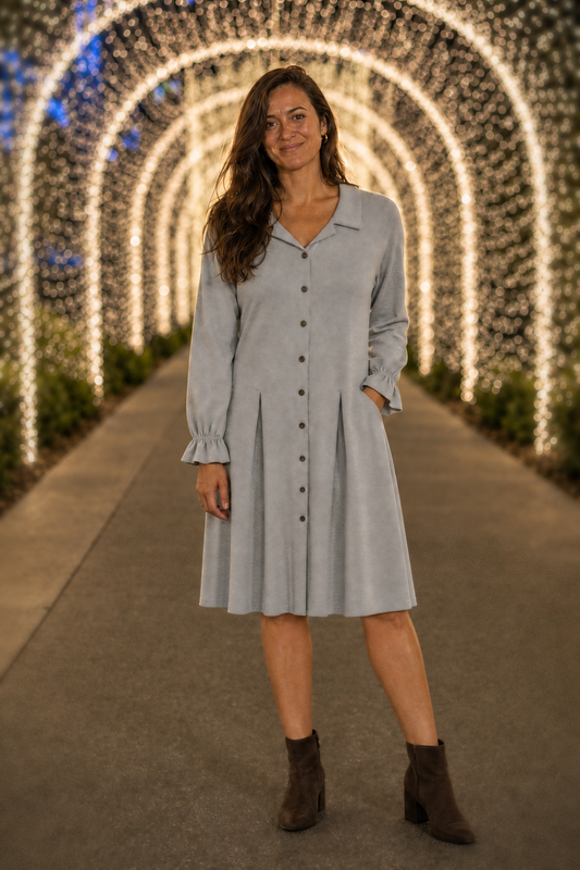 1685 Grey Pleated Button-Down Shirt Dress — front