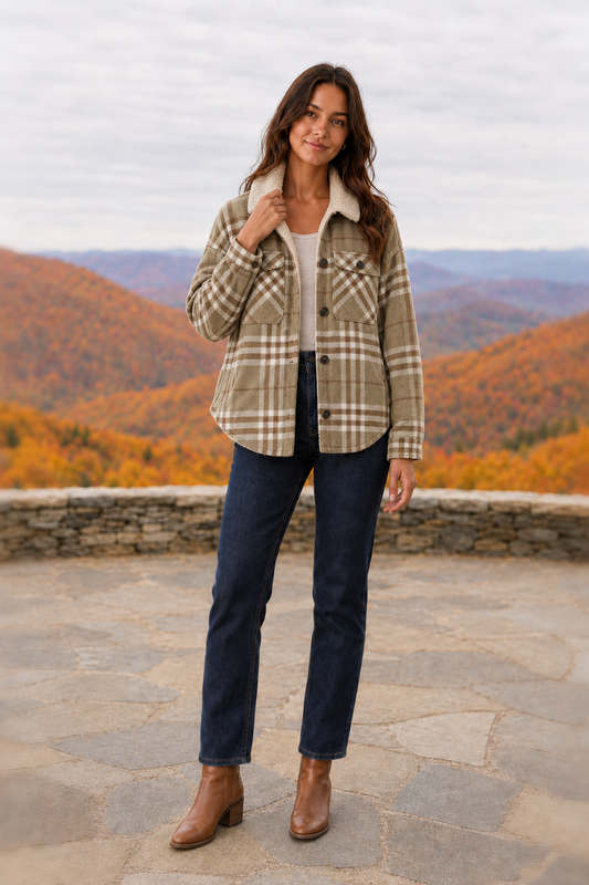 80020 Tan & Brown Plaid Sherpa-Collar Shacket — front