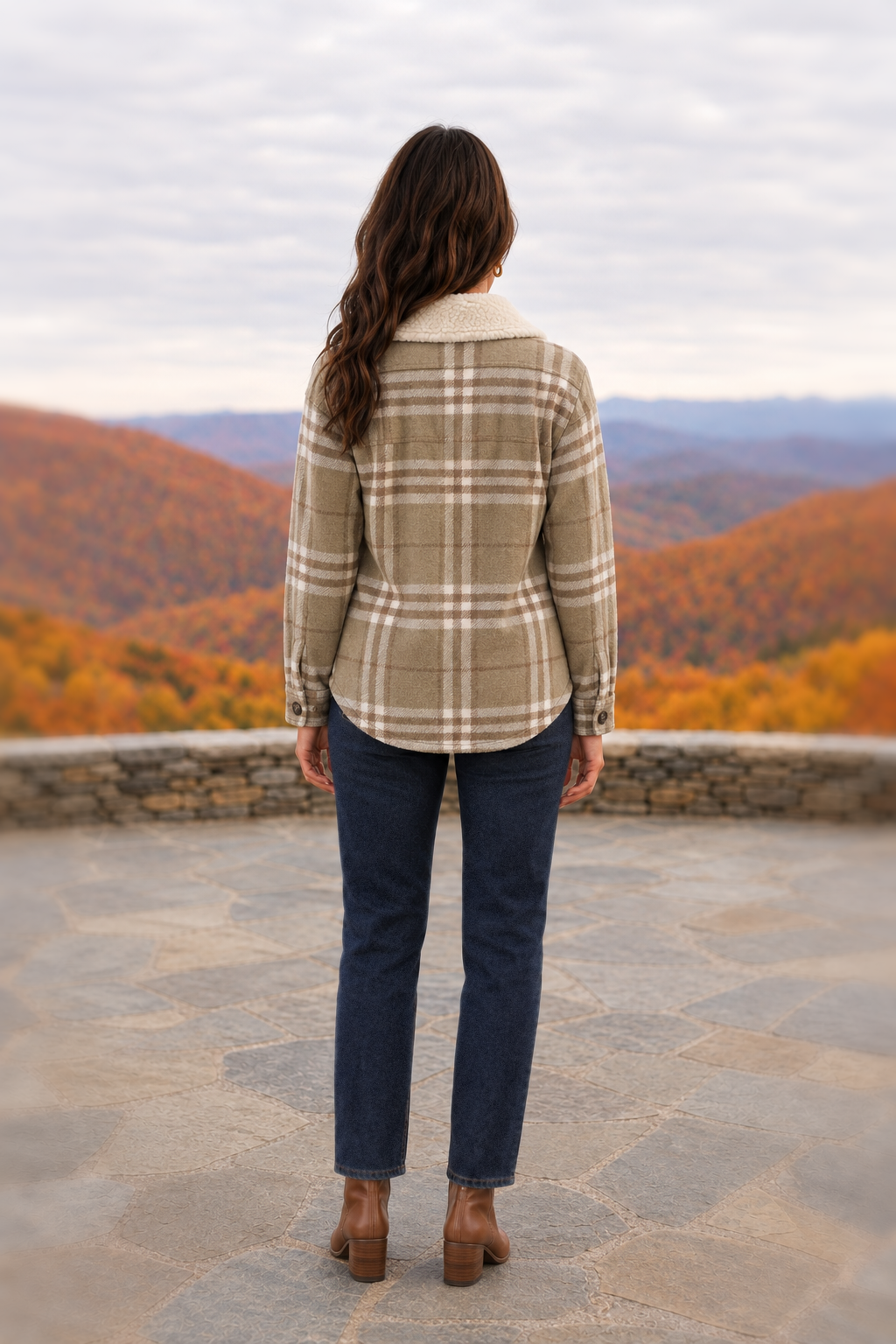 80020 Tan & Brown Plaid Sherpa-Collar Shacket — back