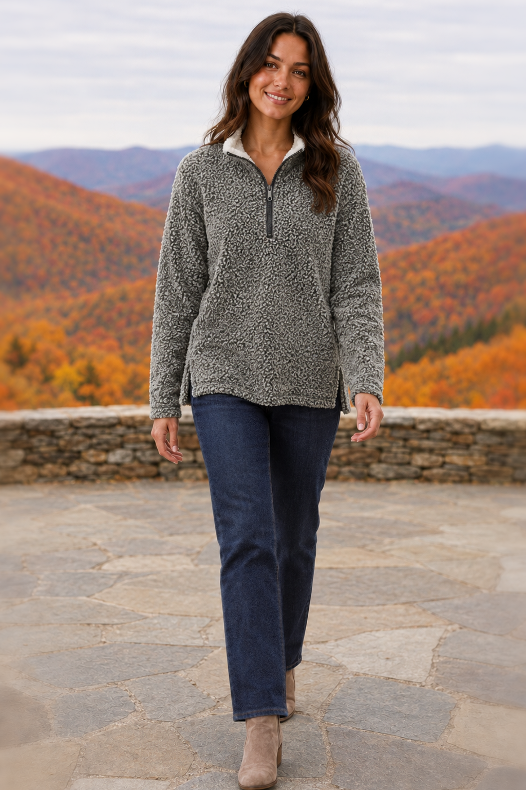 1989 Olive Sherpa Quarter-Zip Pullover — front