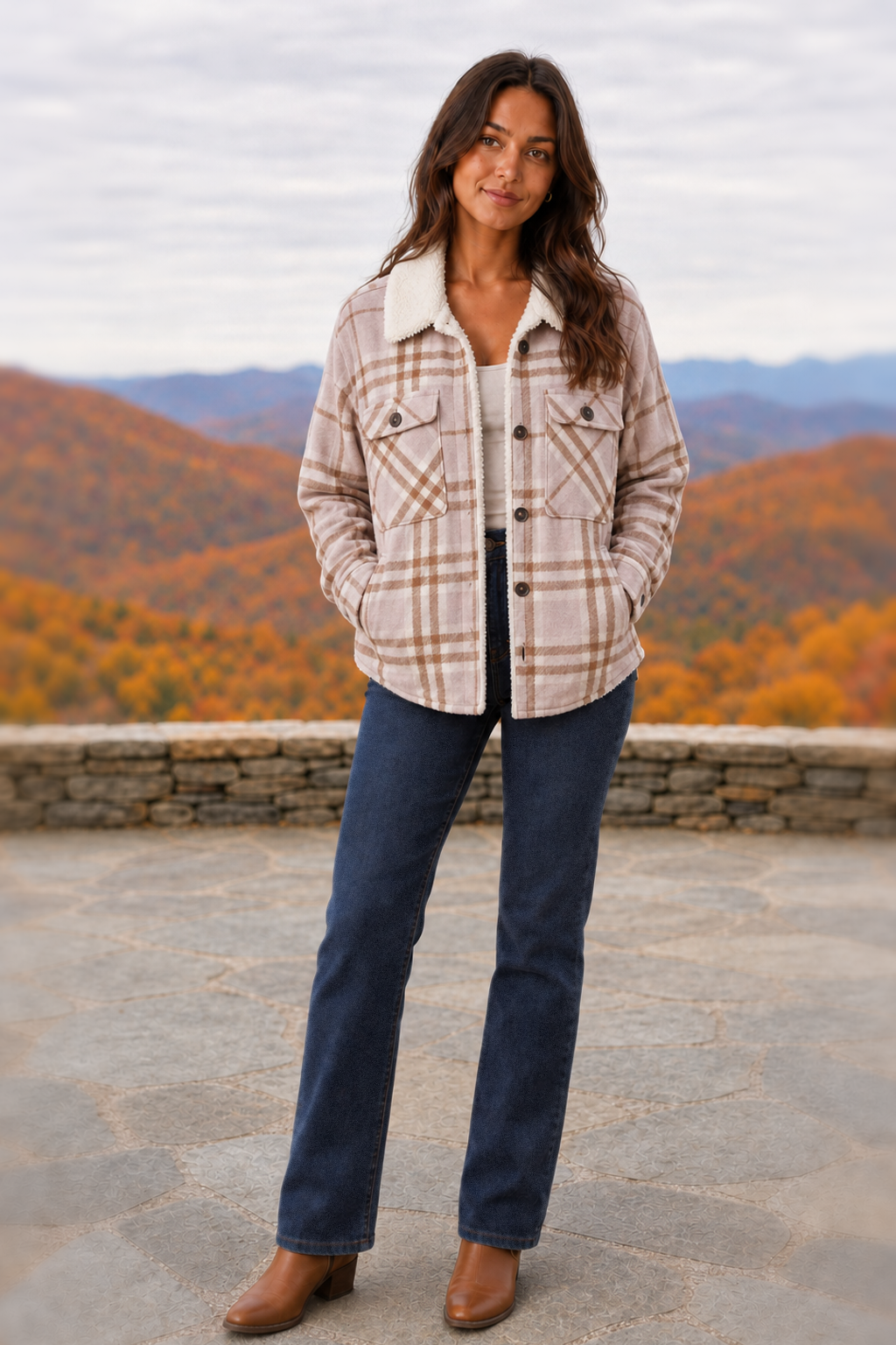 80020 Pink & Brown Plaid Sherpa-Collar Shacket — front