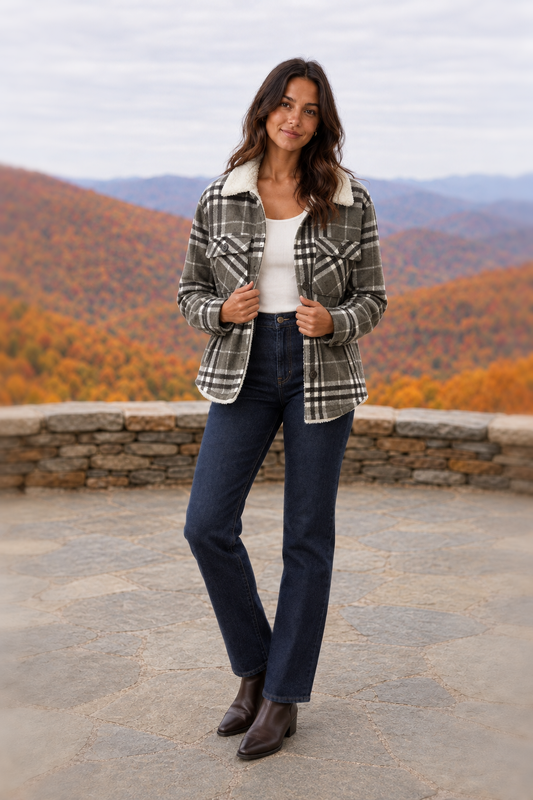 80020 Olive Gray Plaid Sherpa-Collar Shacket — front