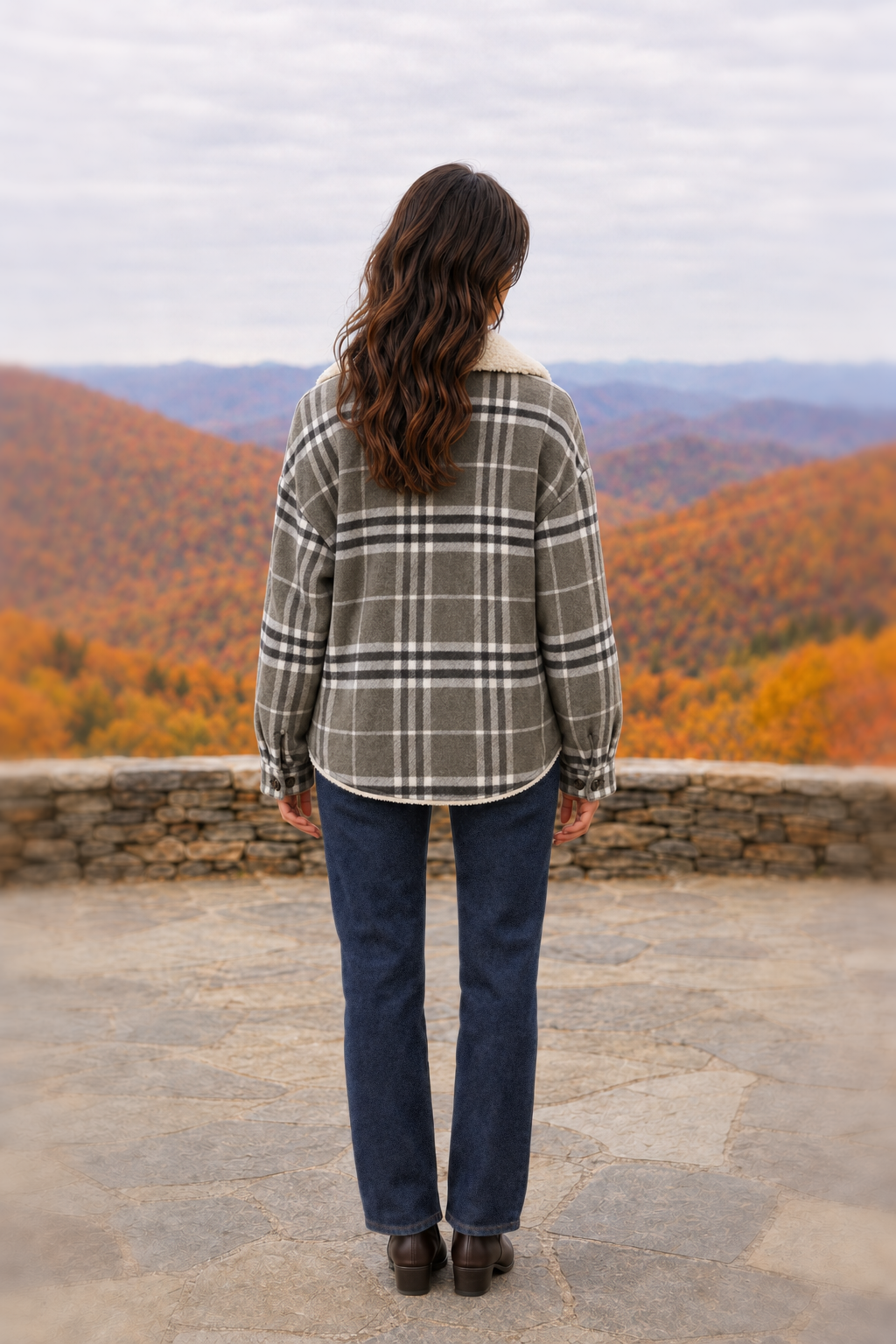 80020 Olive Gray Plaid Sherpa-Collar Shacket — back