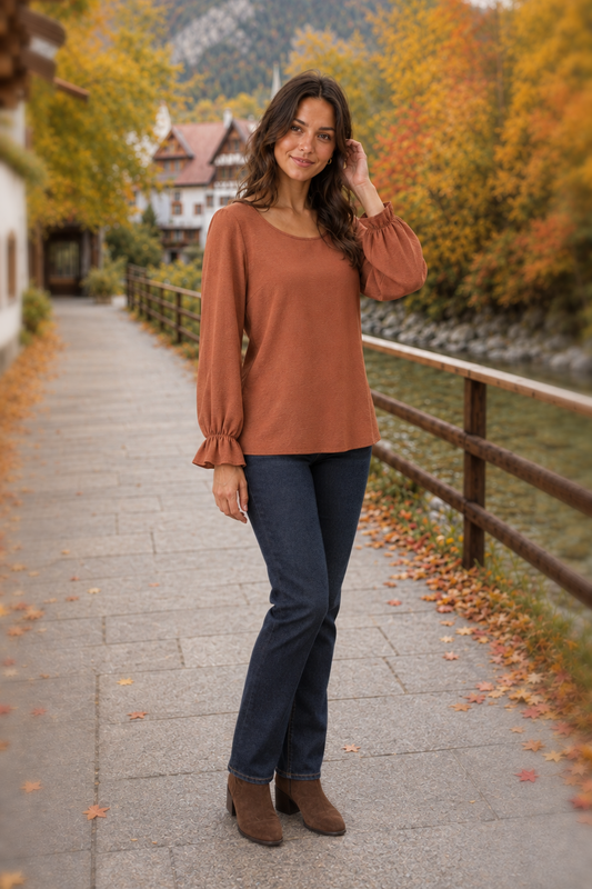 5605 Rust Ruffle Cuff Blouse — front