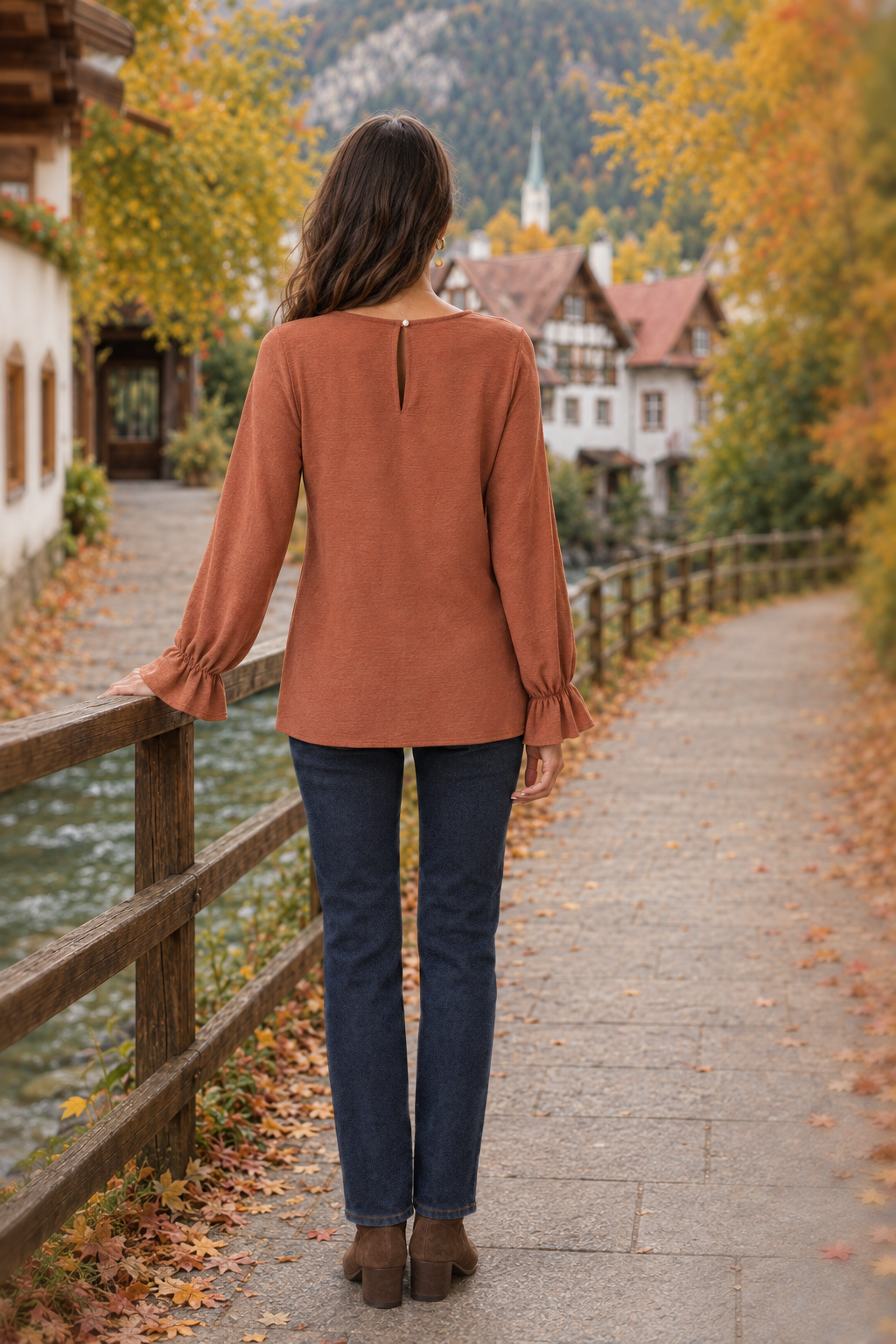 5605 Rust Ruffle Cuff Blouse — back