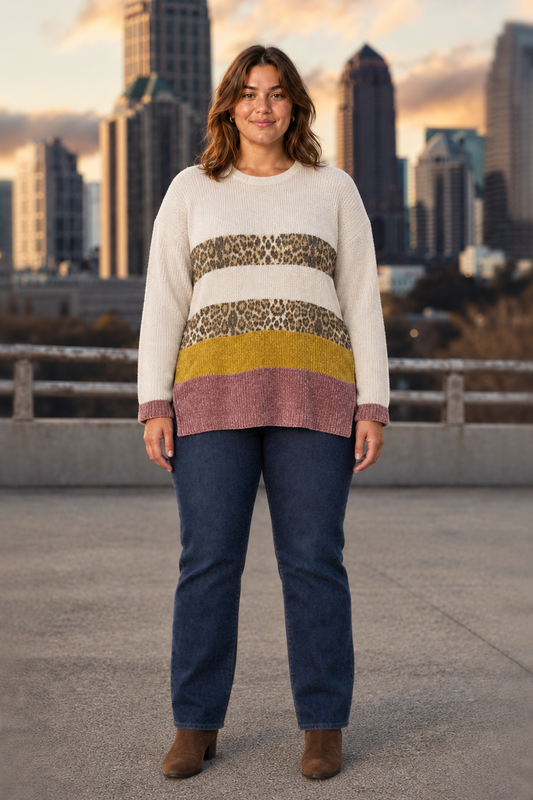 1242 Ivory Leopard Colorblock Chenille Sweater Plus — front