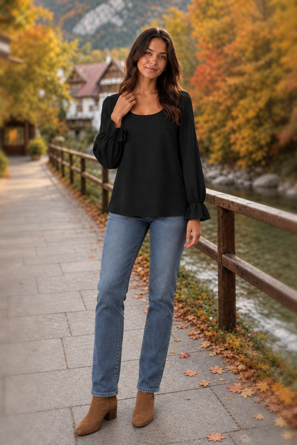 5605 Black Ruffle Cuff Blouse — front