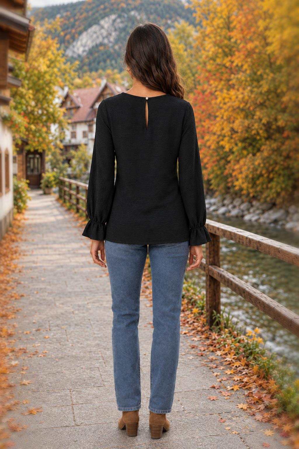5605 Black Ruffle Cuff Blouse — back