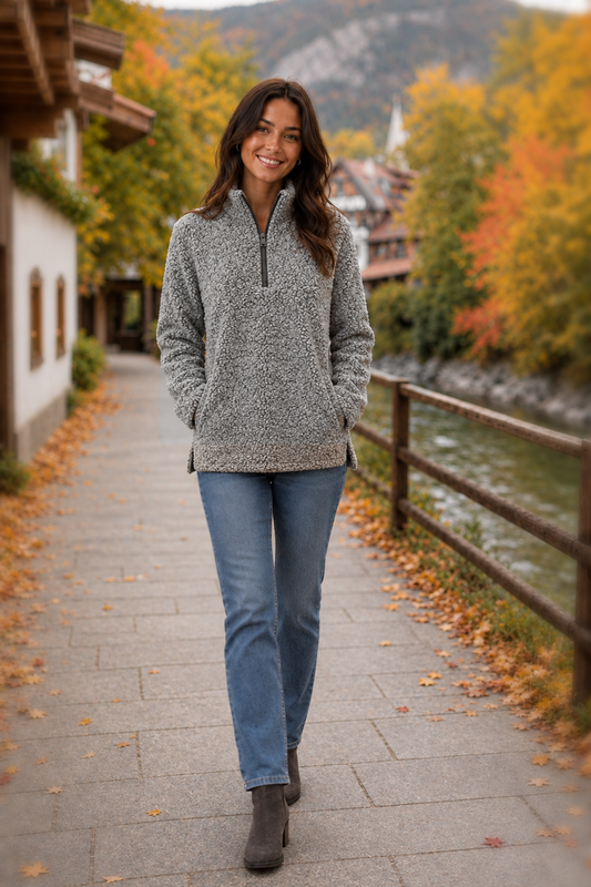 1800 Grey Mauve Heather Sherpa Half-Zip Pullover — front