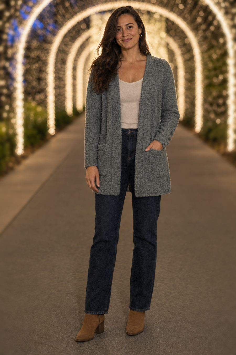 TW-1938AB Charcoal Grey Popcorn Knit Open Front Cardigan — front