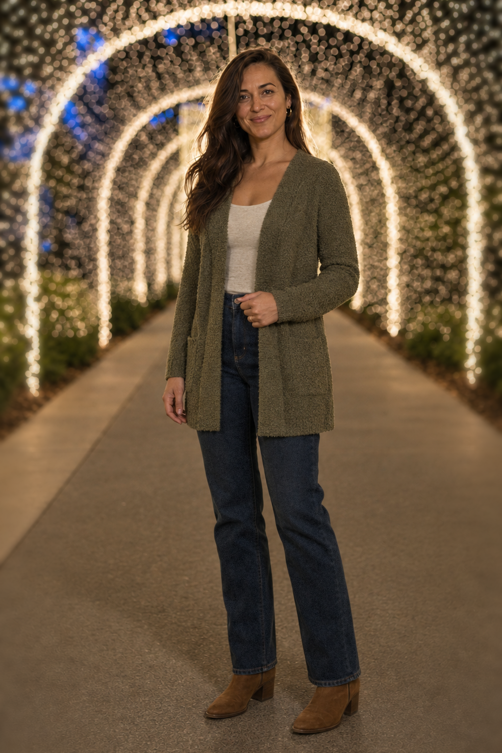 TW-1938AB Dark Olive Popcorn Knit Open Front Cardigan — front