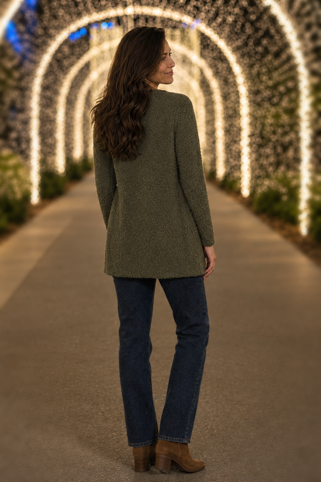 TW-1938AB Dark Olive Popcorn Knit Open Front Cardigan — back