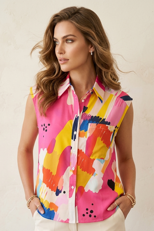 826 Color Splash Sleeveless Blouse with Pocket Detail
