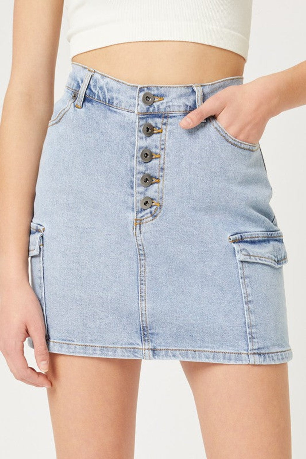 7155 Light Blue Buttoned Denim Cargo Skirt