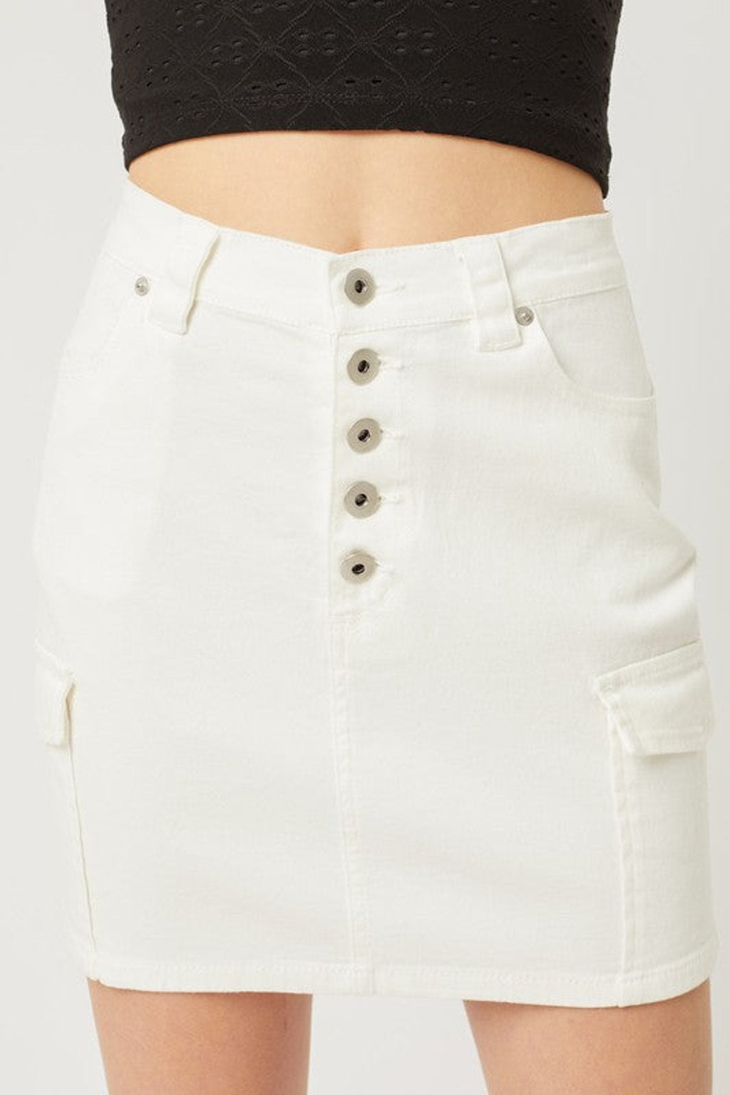7155 White Buttoned Cargo Skirt Cotton/Poly/Spandex