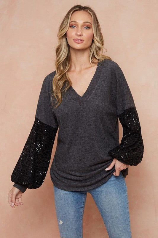 Style 2869 Charcoal Sequin Sleeve Top