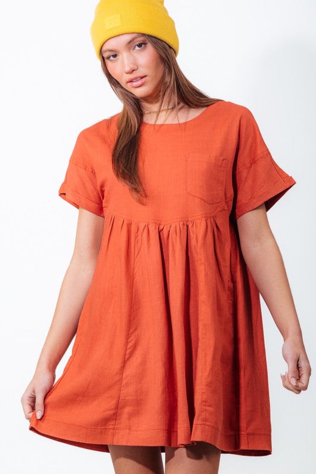 Style 30069 Rust Solid Woven Short Sleeve Pocket Front Top