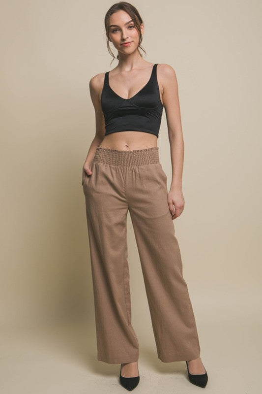 Style 6811 Taupe Linen Smocked Waist Pants
