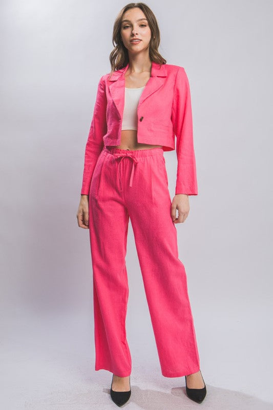 Style 6875-6 French Pink Drawstring Linen Blend Pants With Pockets