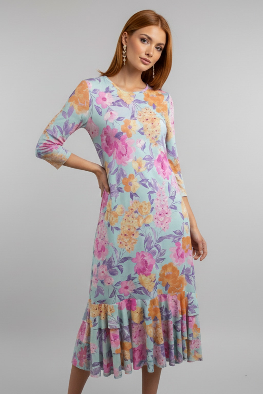 5861 Aqua Blossom Ruffled Midi Dress