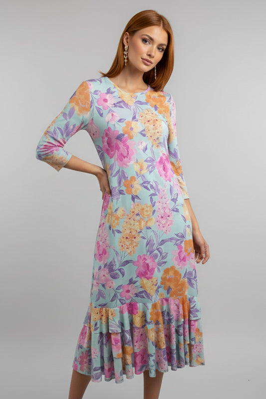 5861 Aqua Blossom Ruffled Midi Dress