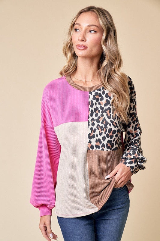 Style 4156 Pink Leopard Color Block Rib Top Pre Order Shipping 06/24
