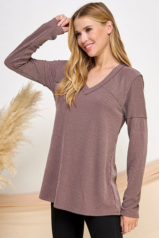 8221S Brown Rib V Neck Top