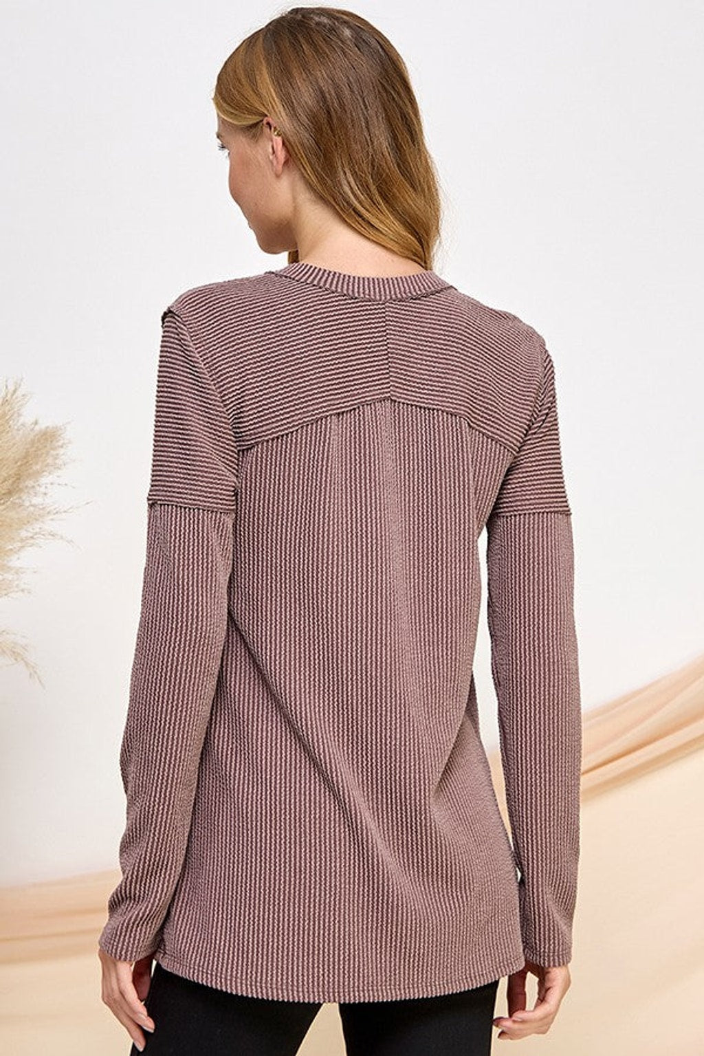 8221S Brown Rib V Neck Top- BACK