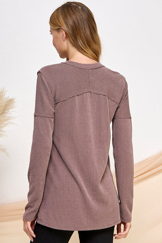 8221S Brown Rib V Neck Top- BACK