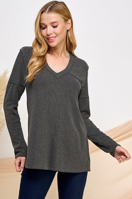 8221S Charcoal Rib V Neck Top