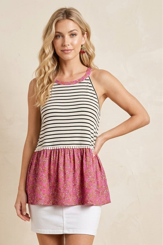 3280 Stripe and Floral Sleeveless Top