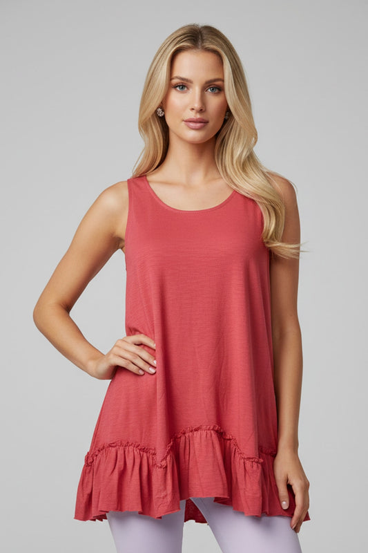 319 Deep Coral Ruffle-Hem Sleeveless Top