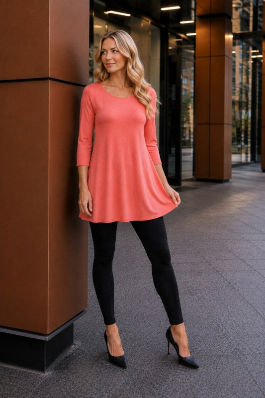 B36711 Coral Three-Quarter Sleeve Flare Tunic
